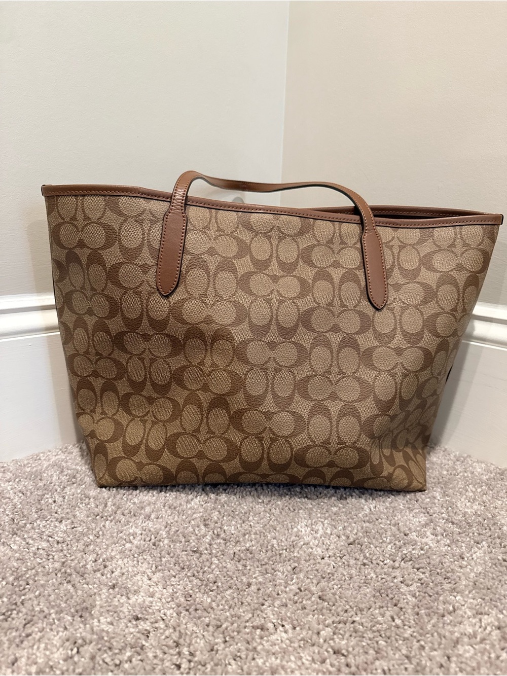Coach Brown Signature Canvas Tote with Leather Trim - Picture 3 of 6